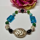 Gemstone, Glass, Metal and Ceramic Stretch Beaded Bracelet