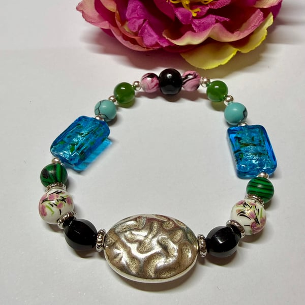 Gemstone, Glass, Metal and Ceramic Stretch Beaded Bracelet