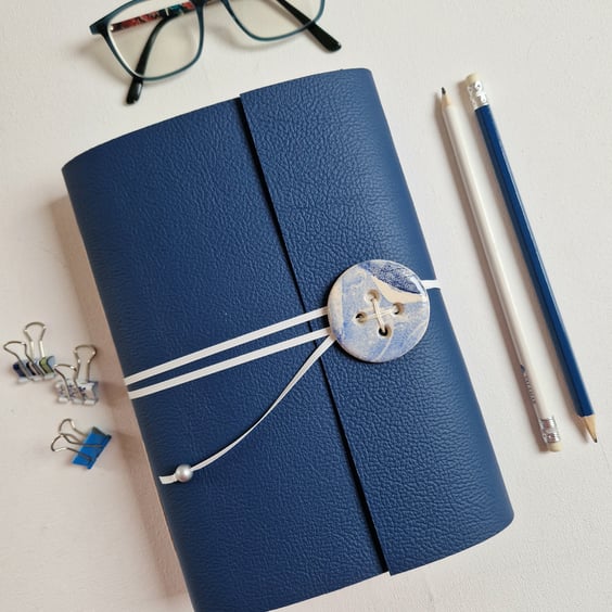 Blue Marble Sketchbook or Journal with Ceramic Button, A5 size