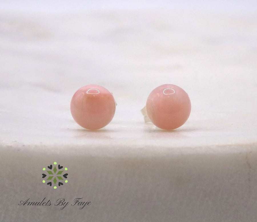 Pink Opal Cabochon 6mm A Quality Gemstone Sterling Silver Stud Earrings.