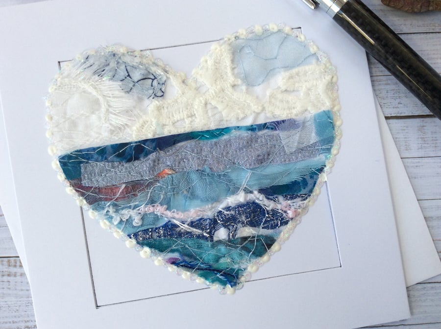 Embroidered up-cycled fabric seascape heart Art Card.