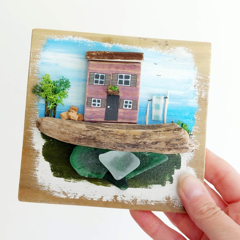 Coastal Cottage on Reclaimed Wood, Sustainable Art Gift, Coastal Home Decor