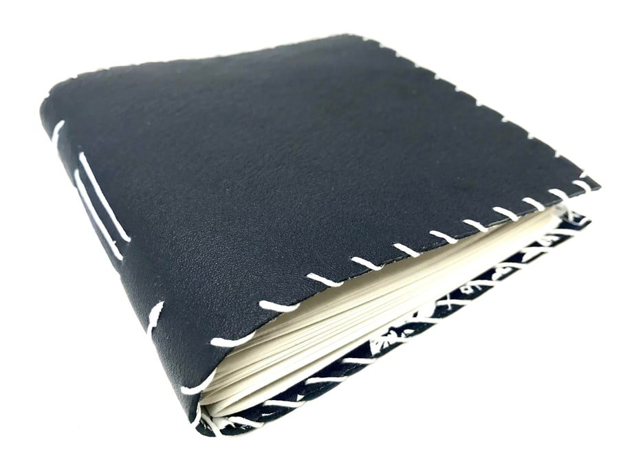 Small Blue Handmade Leather notebook Floral Fabric Lining recycled Paper