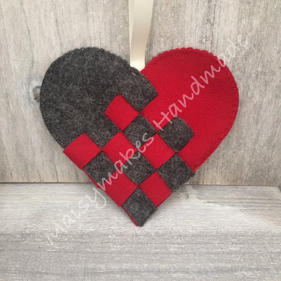 Scandinavian Woven Heart, 100% Wool Felt Hanging Decoration 
