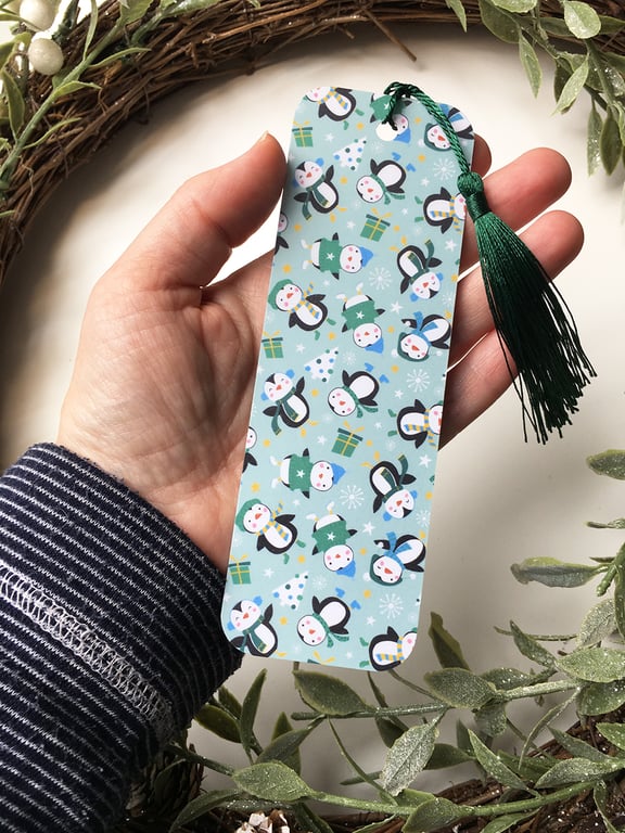 Christmas Bookmark Cute Penguins with Tassel