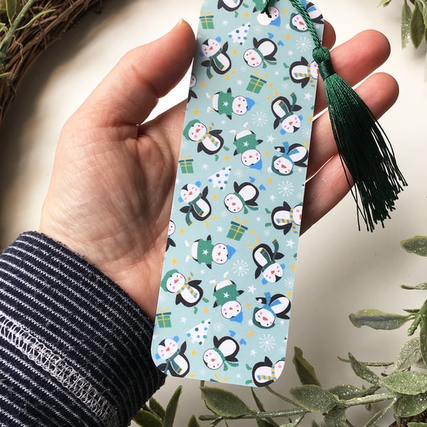Christmas Bookmark Cute Penguins with Tassel