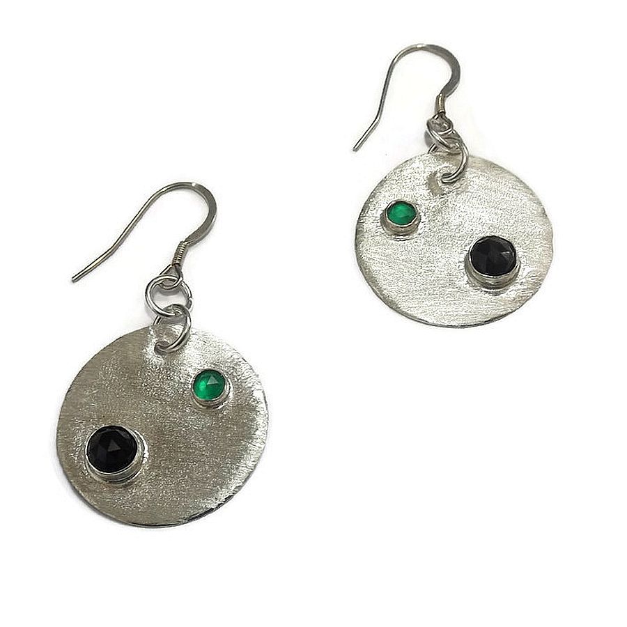 Handmade fine silver disc earrings with rose cut gemstones