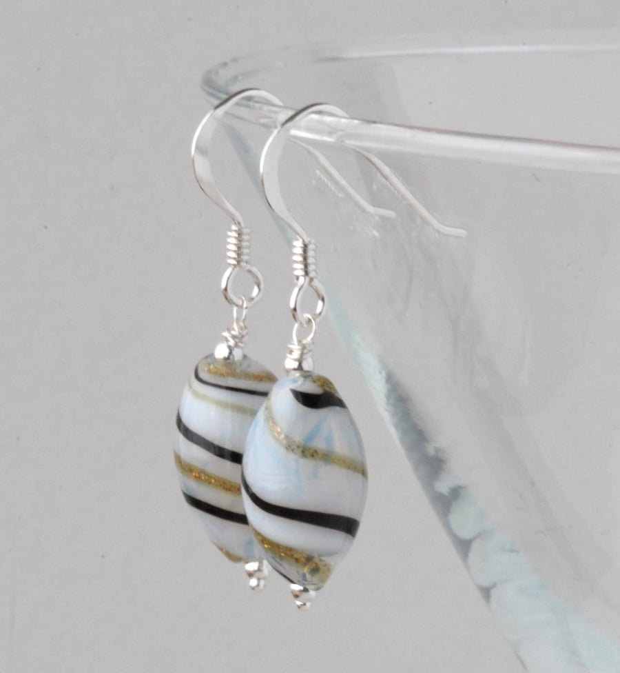 blown glass and silver earrings - white with black and green twist - last pair