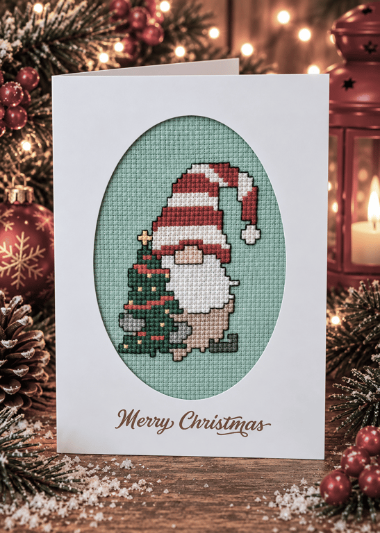 Handmade Cross Stitch Christmas Gonk & Tree Card – 6 x 4 Inch
