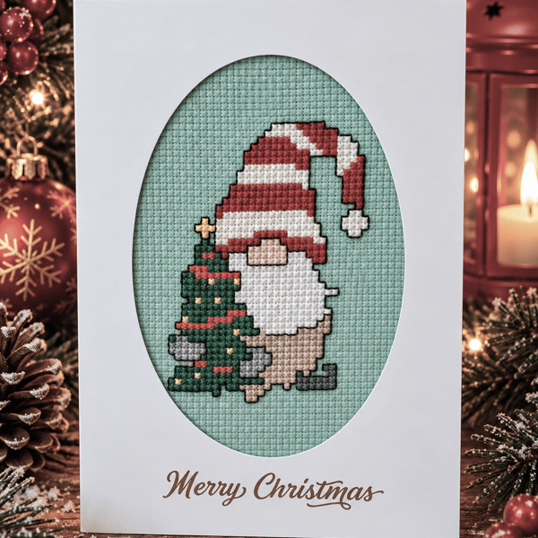 Handmade Cross Stitch Christmas Gonk & Tree Card – 6 x 4 Inch