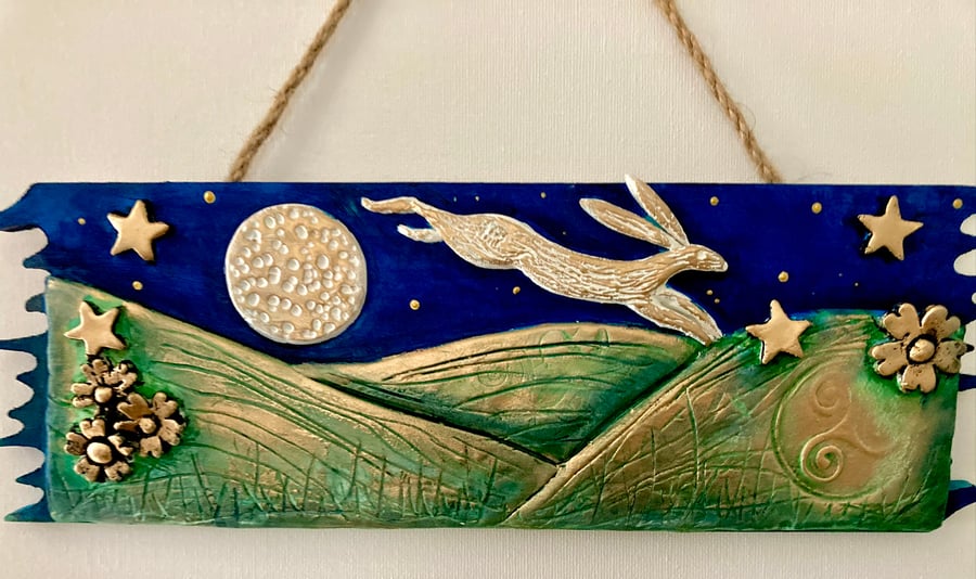 Moon Gazing Hare Wall Hanging Wooden Plaque Handcrafted Air Dry Clay Hand Made