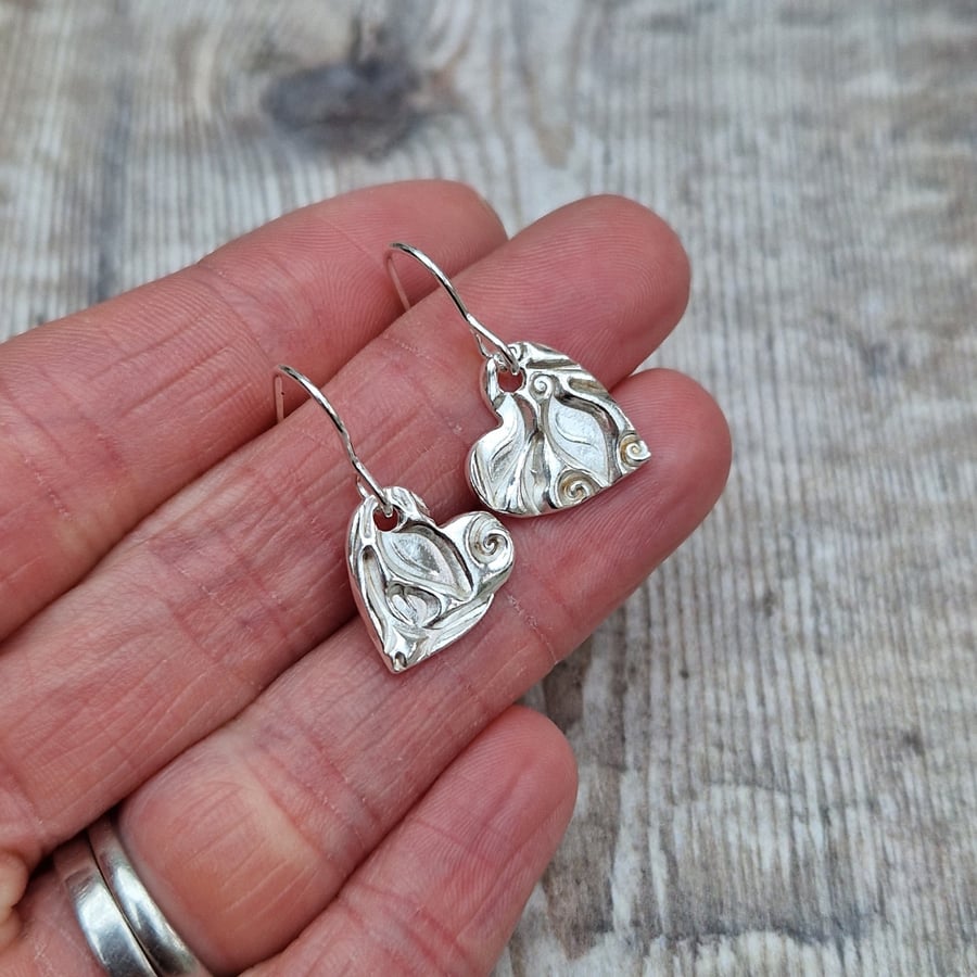 Sterling and Fine Silver Leaf Patterned Heart Earrings