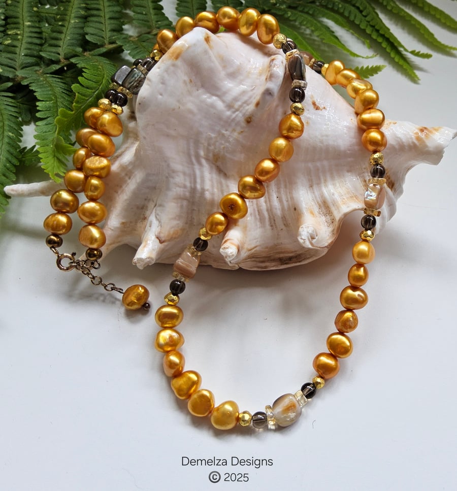 Designer Baroque Freshwater Pearl, Citrine, Abolone Shell Gold Vermeil Necklace