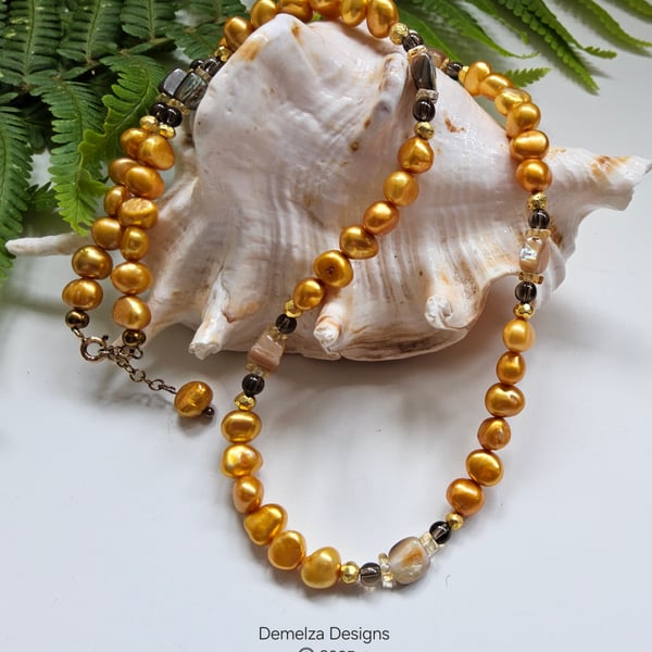 Designer Baroque Freshwater Pearl, Citrine, Abolone Shell Gold Vermeil Necklace