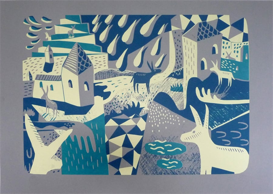 Happenings in Donkey World No.3 2-colour A2 screen print (lemon & dark blue)