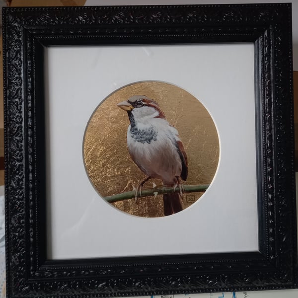 Pretty framed sparrow oil painting 