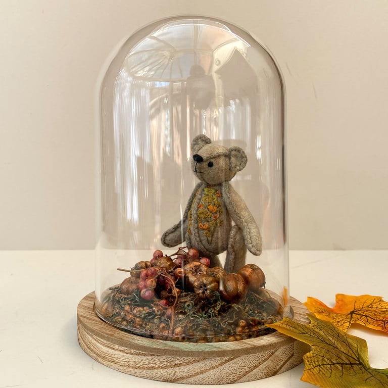 Miniature artist bear in cloche, glass dome Autumn display teddy bear 