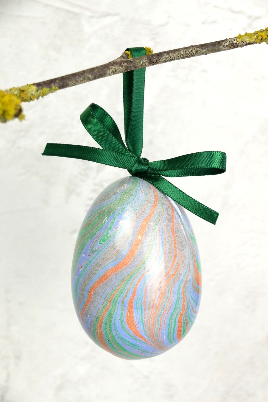 Green and copper marbled Easter egg ceramic pottery hanging decoration 