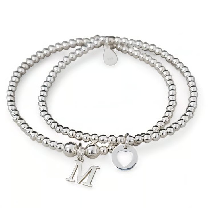 Sterling Silver Personalised Stretch Initial and Heart Charm Bracelet Set 