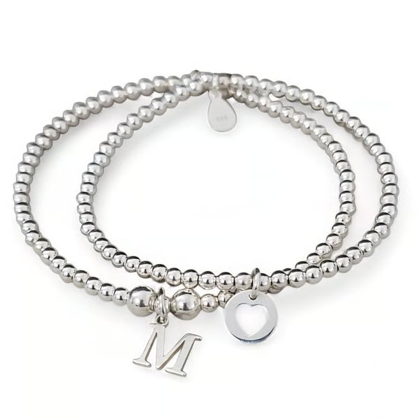 Sterling Silver Personalised Stretch Initial and Heart Charm Bracelet Set 