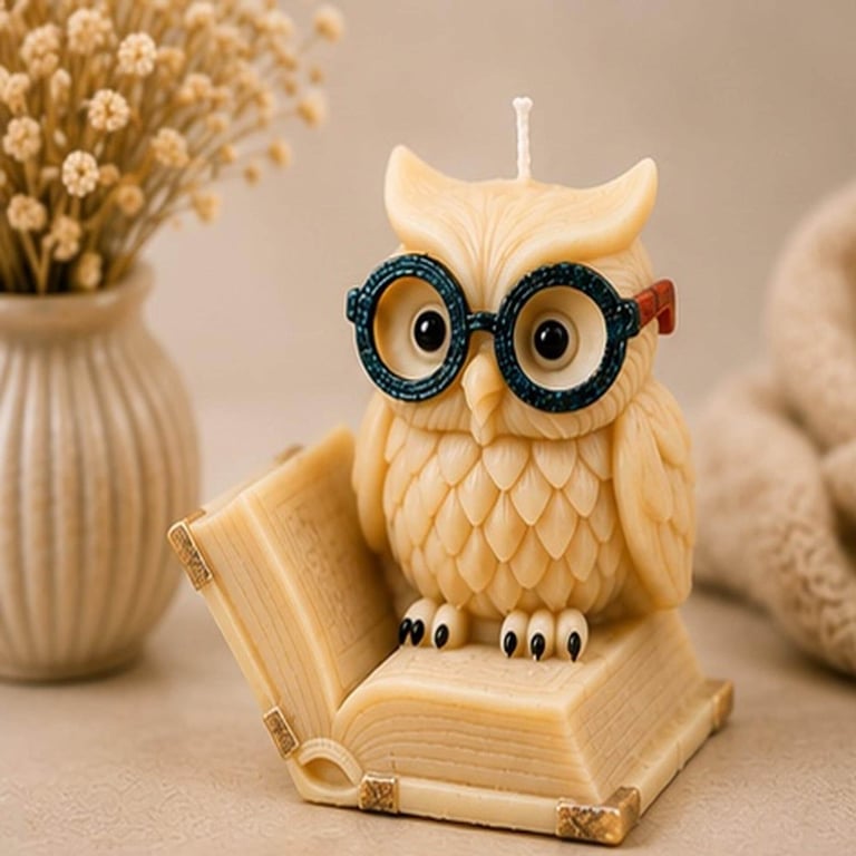Cute Owl Candle with Glasses Handmade Soy Wax Candle Book Lover Gift Cozy Cottag