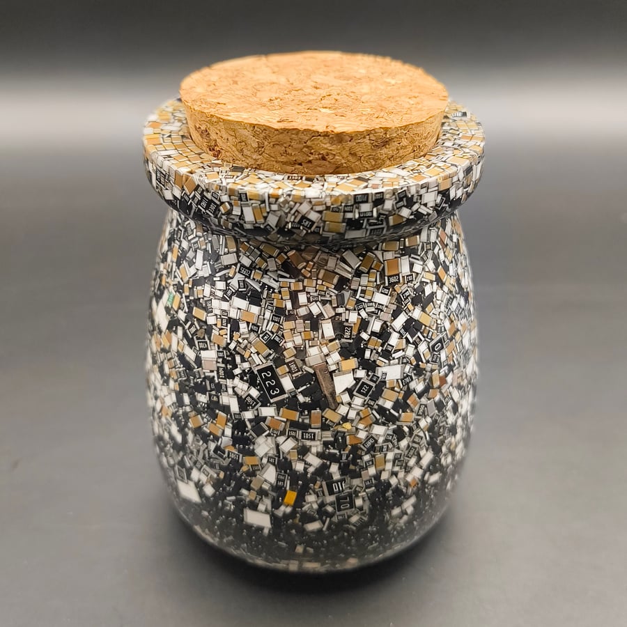 Jar with cork made from 1000's of electronic components