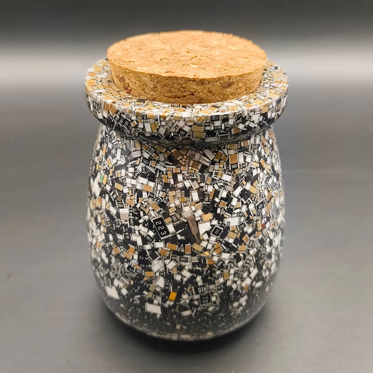 Jar with cork made from 1000's of electronic components