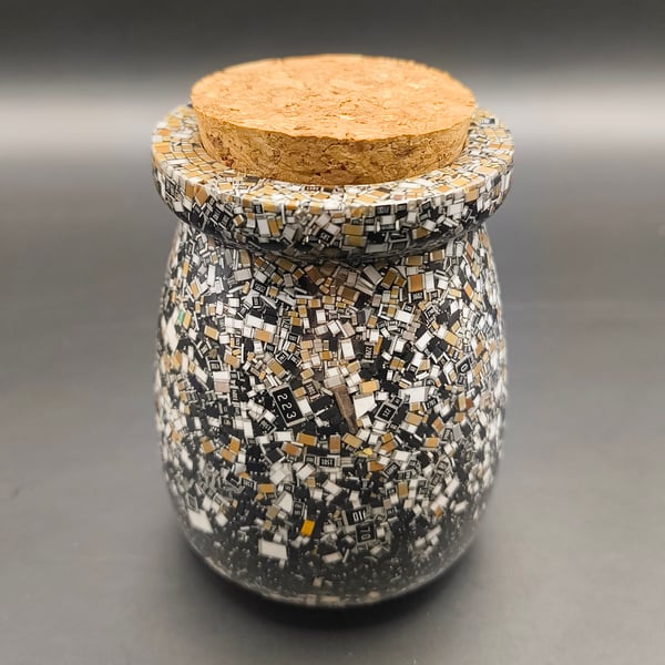 Jar with cork made from 1000's of electronic components
