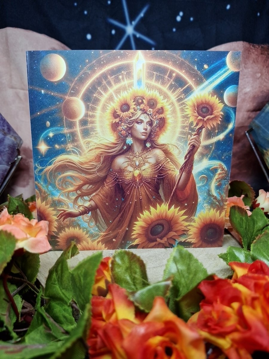 Beautiful Ostara Celestial Sunflower Goddess Greeting Card 