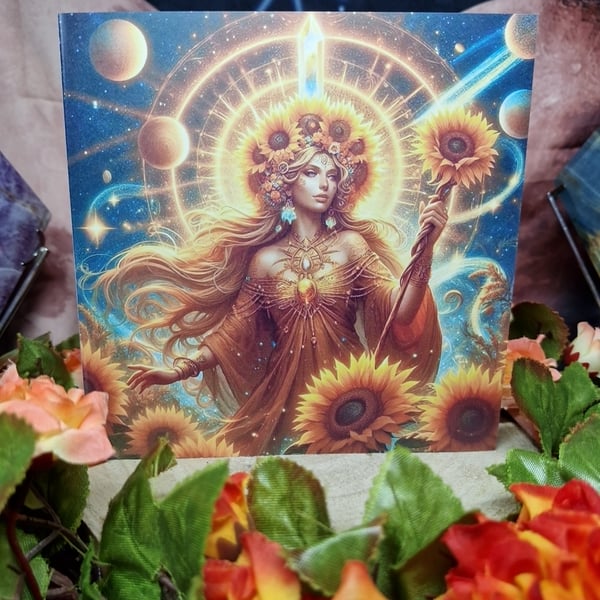 Beautiful Ostara Celestial Sunflower Goddess Greeting Card 