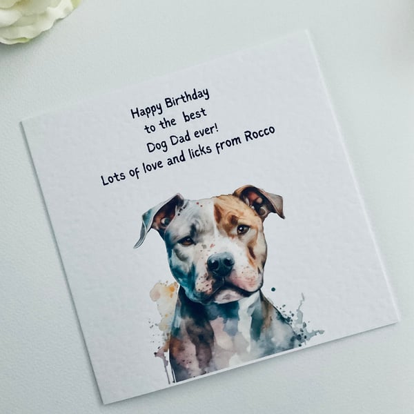 Dog Dad Staffie Birthday Card Personalised with pets bane