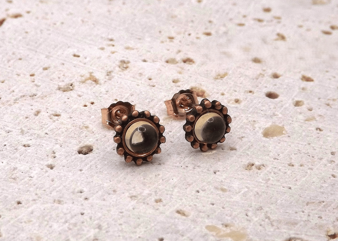 Recycled Copper Studded Earrings with 4mm Citrine Gemstones.