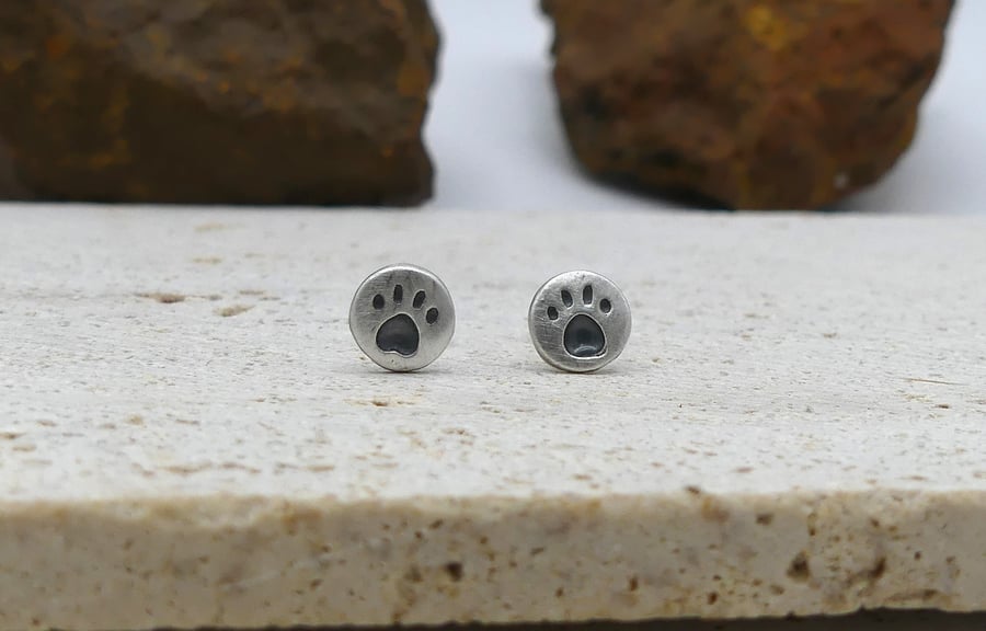 Recycled Sterling Silver Pawprint Stud Earrings with a Black Patina.