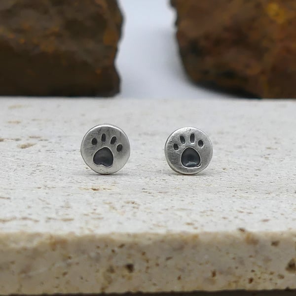Recycled Sterling Silver Pawprint Stud Earrings with a Black Patina.