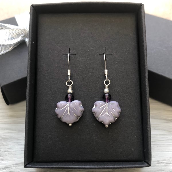 Sale now 7.50 - Lilac Czech leaf earrings. Sterling silver