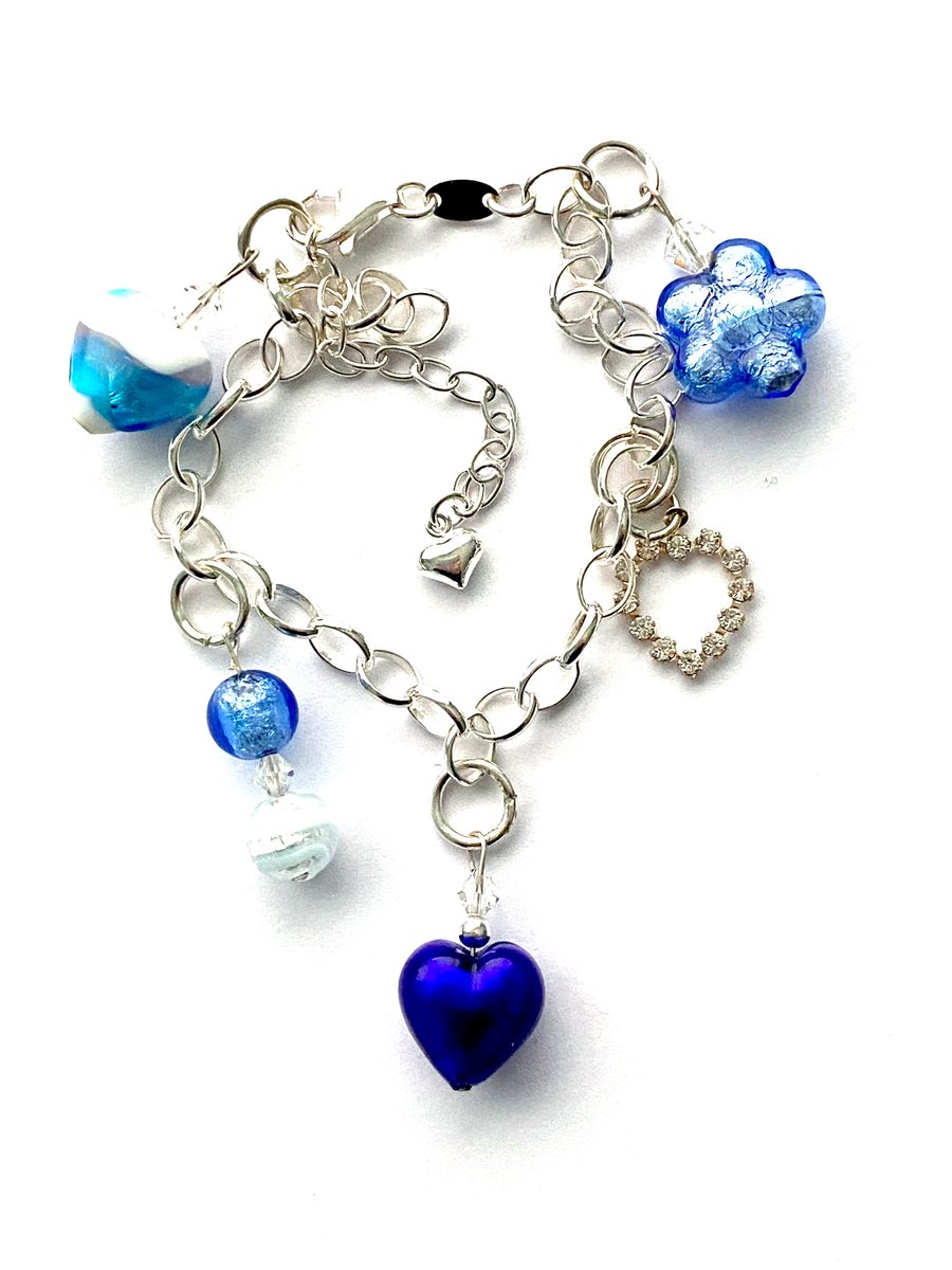 Murano glass and sterling silver blue charm bracelet with Swarovski.