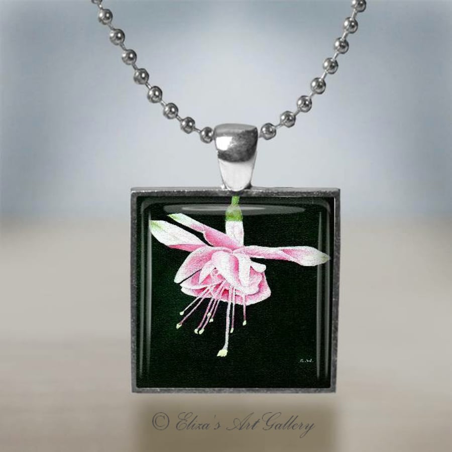 Silver Plated Pink Fuchsia Flower Art Pendant Necklace