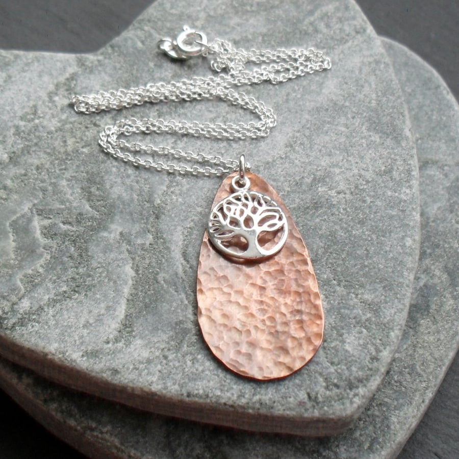 Copper Tear Drop  Pendant With Sterling Silver Tree Of Life Charm Vintage Style