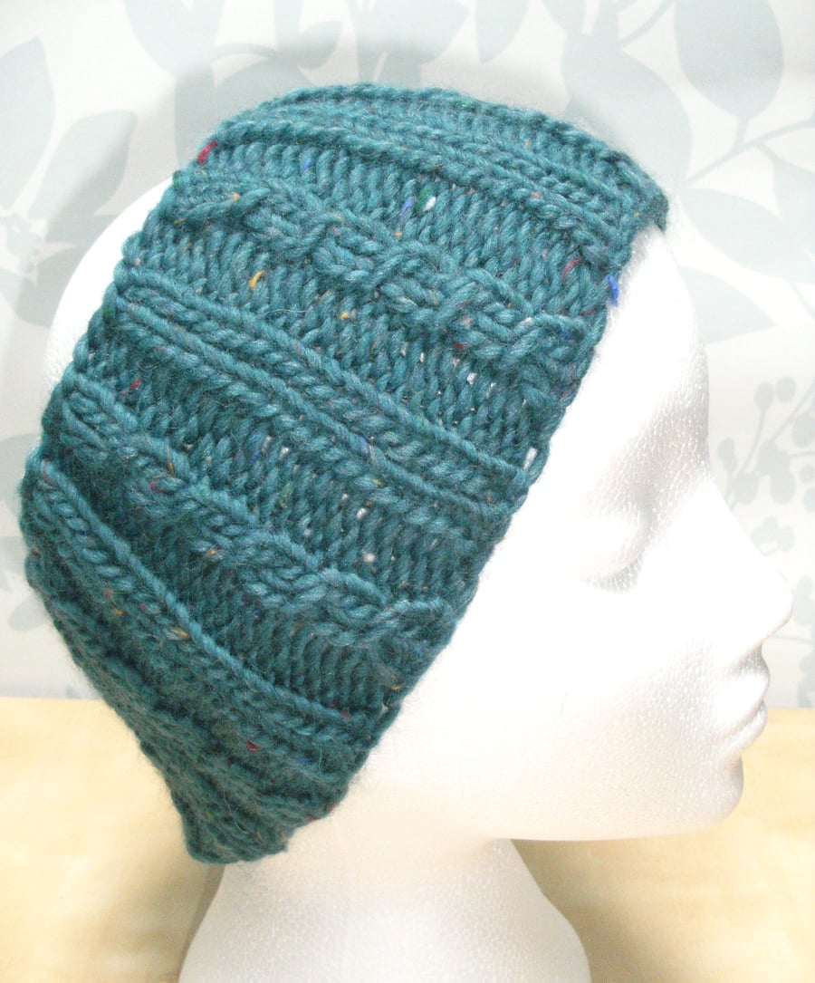 Hand Knitted Cable Merino Headband in TEAL M
