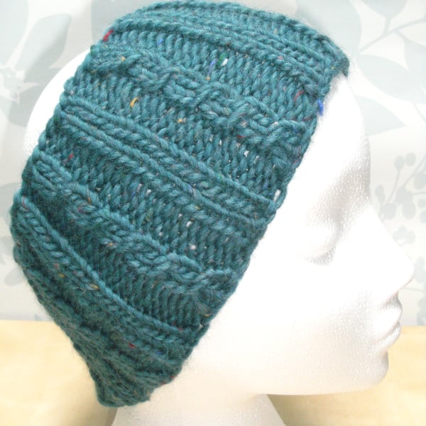 Hand Knitted Cable Merino Headband in TEAL M