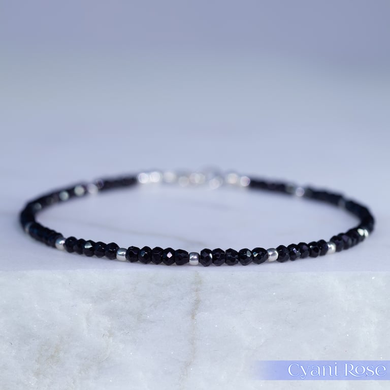 Dainty handmade black spinel and sterling silver lobster clasp bracelet