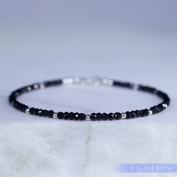 Dainty handmade black spinel and sterling silver lobster clasp bracelet