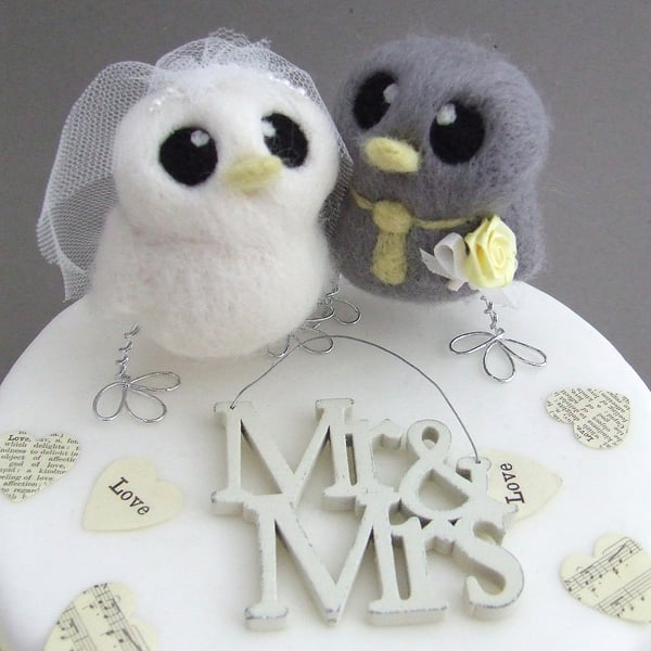 Love Birds Wedding Cake Topper Grey and Yellow Wedding Bride and Groom 