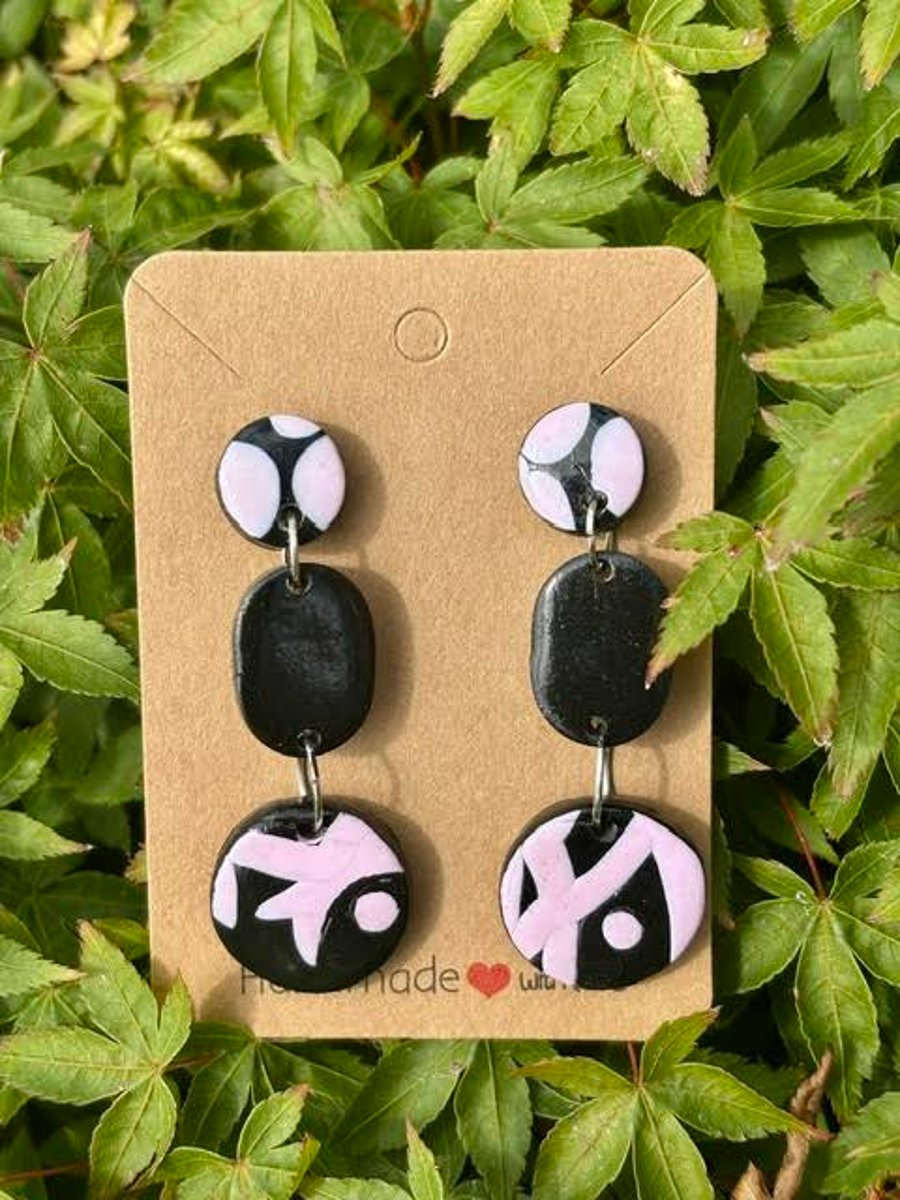 Pink and Black-Patterned Drop Earrings