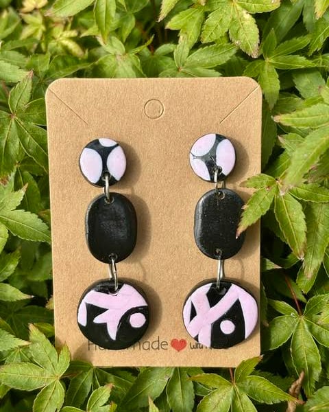 Pink and Black-Patterned Drop Earrings