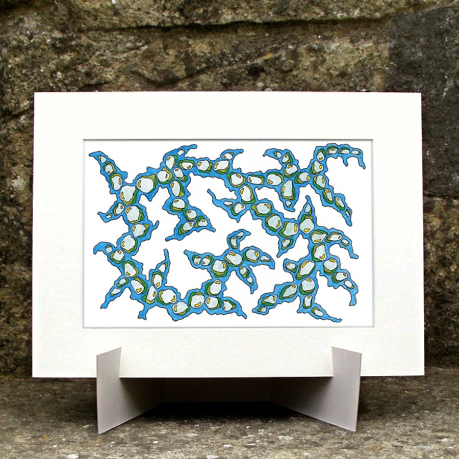 Original Abstract Coloured Pencil Drawing Blue Green- Lichen Stone No.16