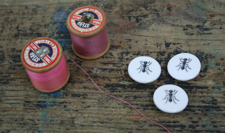 A set of three bone china buttons with ant image