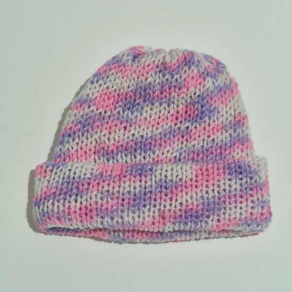 Girls Pink Purple White Beanie Hat 1-2 Years Old 