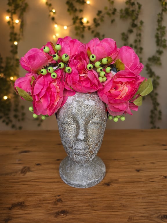 Hot Pink Flower Crown - Handmade Festival Headpiece - Fairycore Floral Crown