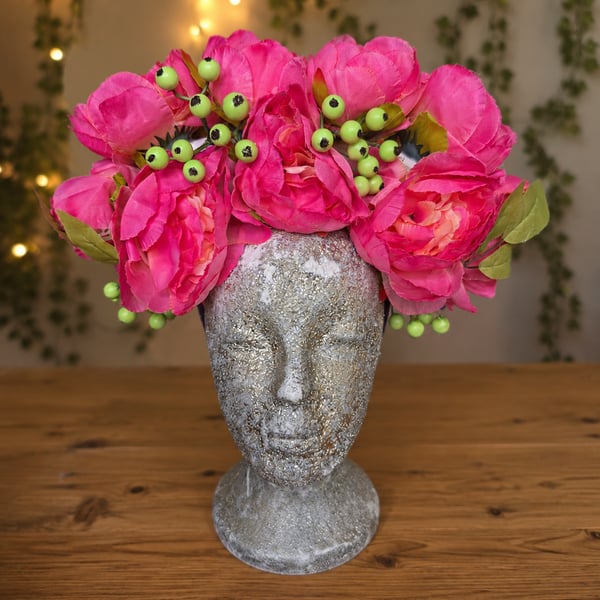 Hot Pink Flower Crown - Handmade Festival Headpiece - Fairycore Floral Crown